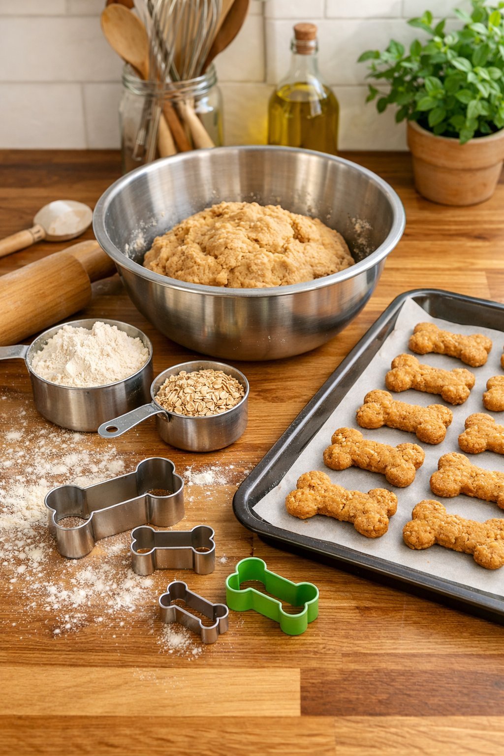 How to Make Dog Treats: A Beginner's Guide to Homemade Goodies for Your Pup A kitchen countertop with ingredients and tools for making dog treats, including dough, cookie cutters, and a baking tray with baked treats.