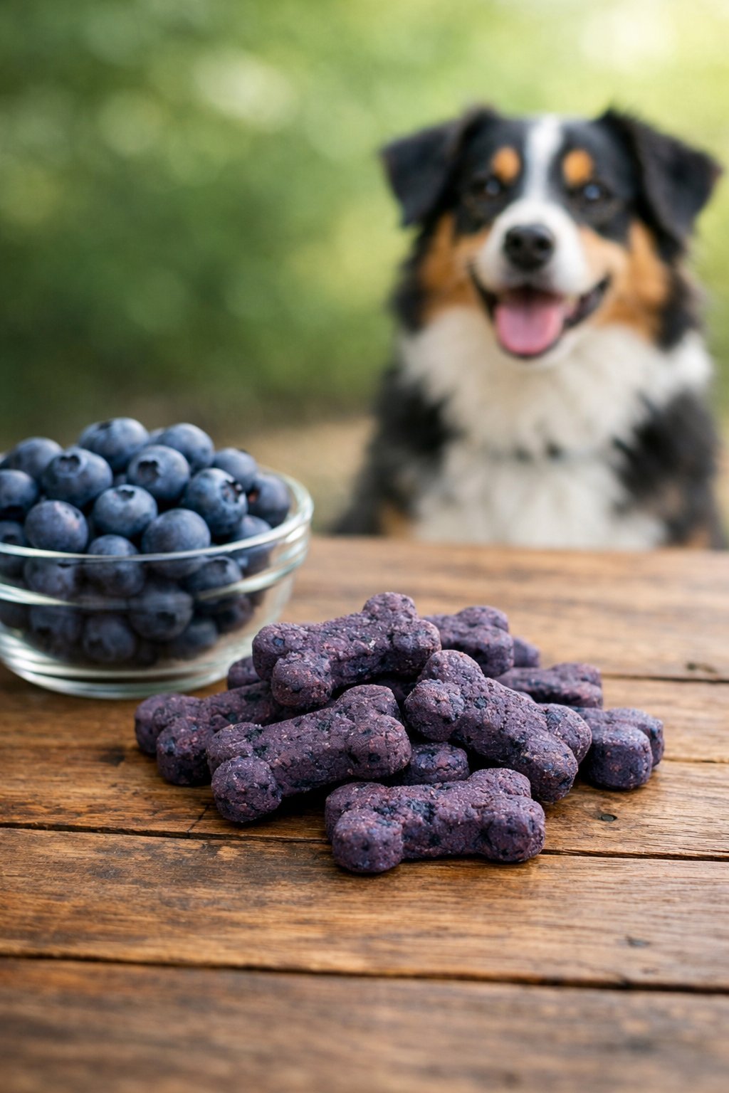 A pile of blueberry dog treats on a wooden table next to fresh blueberries with a dog sitting in the background looking at the treats.
