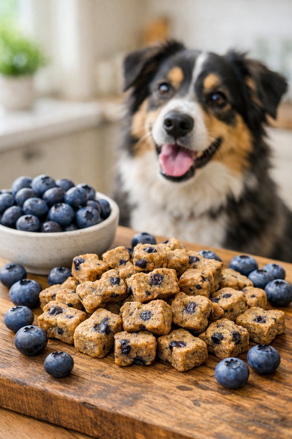 A close-up of blueberry dog treats on a wooden surface with fresh blueberries nearby and a happy dog looking at the treats in a bright kitchen.