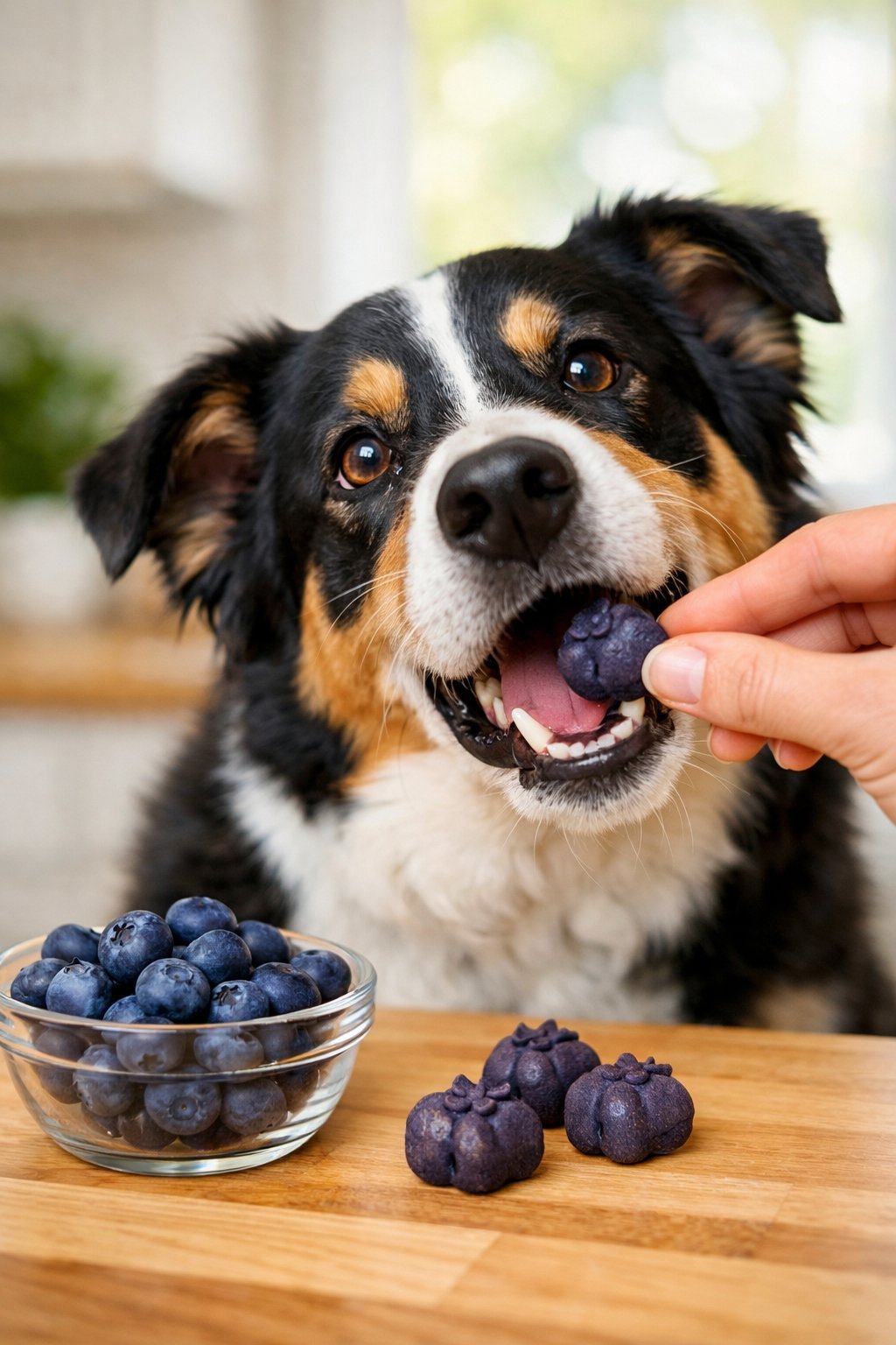 A happy dog eating blueberry dog treats in a bright kitchen with a bowl of fresh blueberries on the counter.