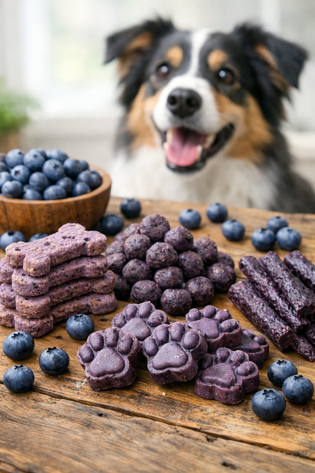 A happy dog looking at blueberry dog treats arranged on a wooden table with fresh blueberries nearby.