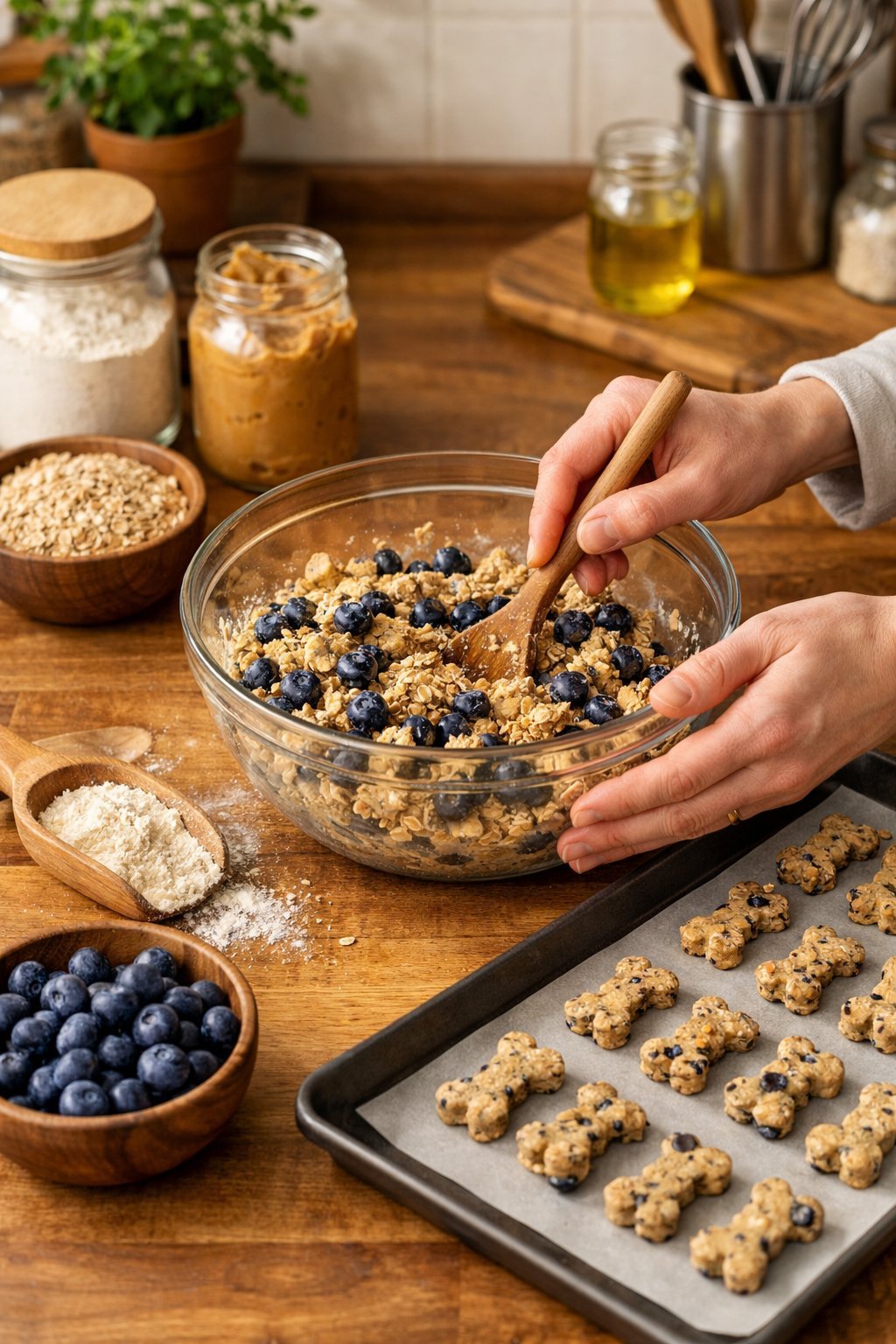 Hands mixing ingredients with fresh blueberries on a kitchen counter, preparing homemade dog treats with a baking tray nearby.