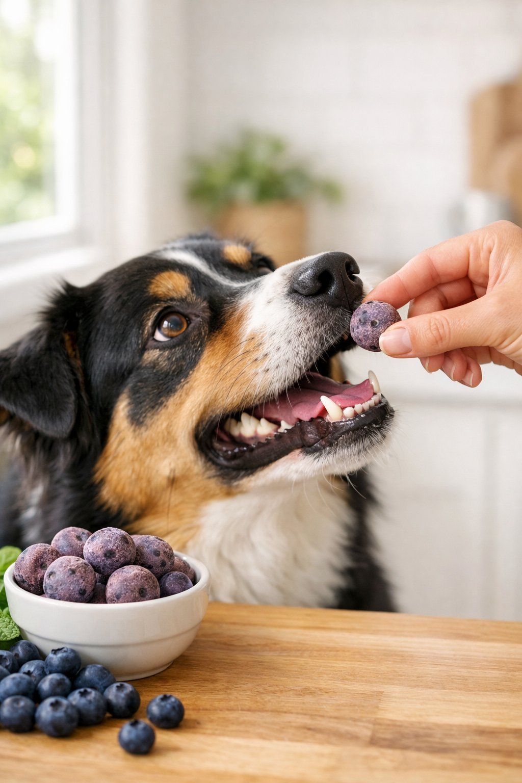 A person offering a blueberry dog treat to a happy dog in a kitchen.