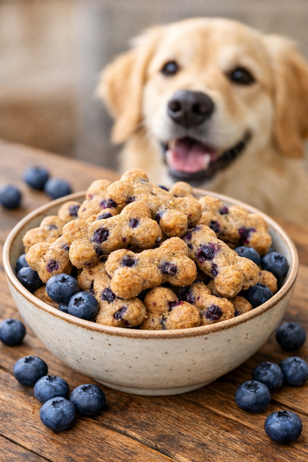 A bowl of blueberry dog treats on a wooden table with fresh blueberries and a dog looking at the treats.