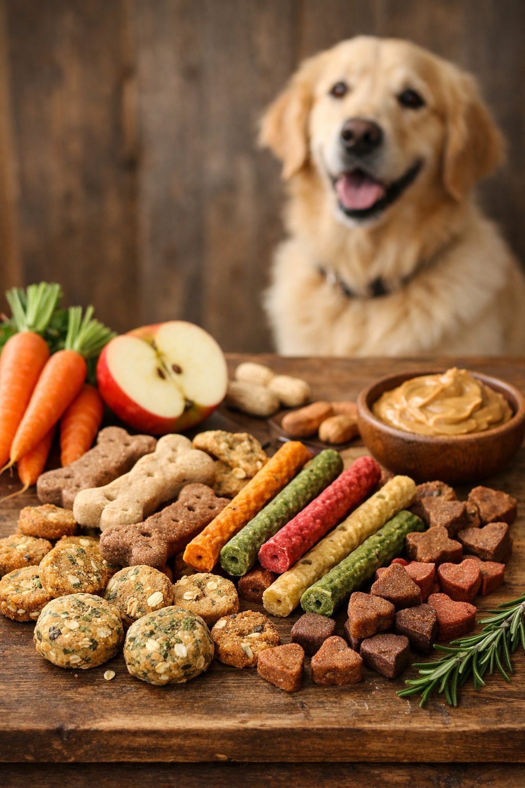 A variety of gourmet dog treats arranged on a wooden table with fresh ingredients nearby and a golden retriever sitting in the background.