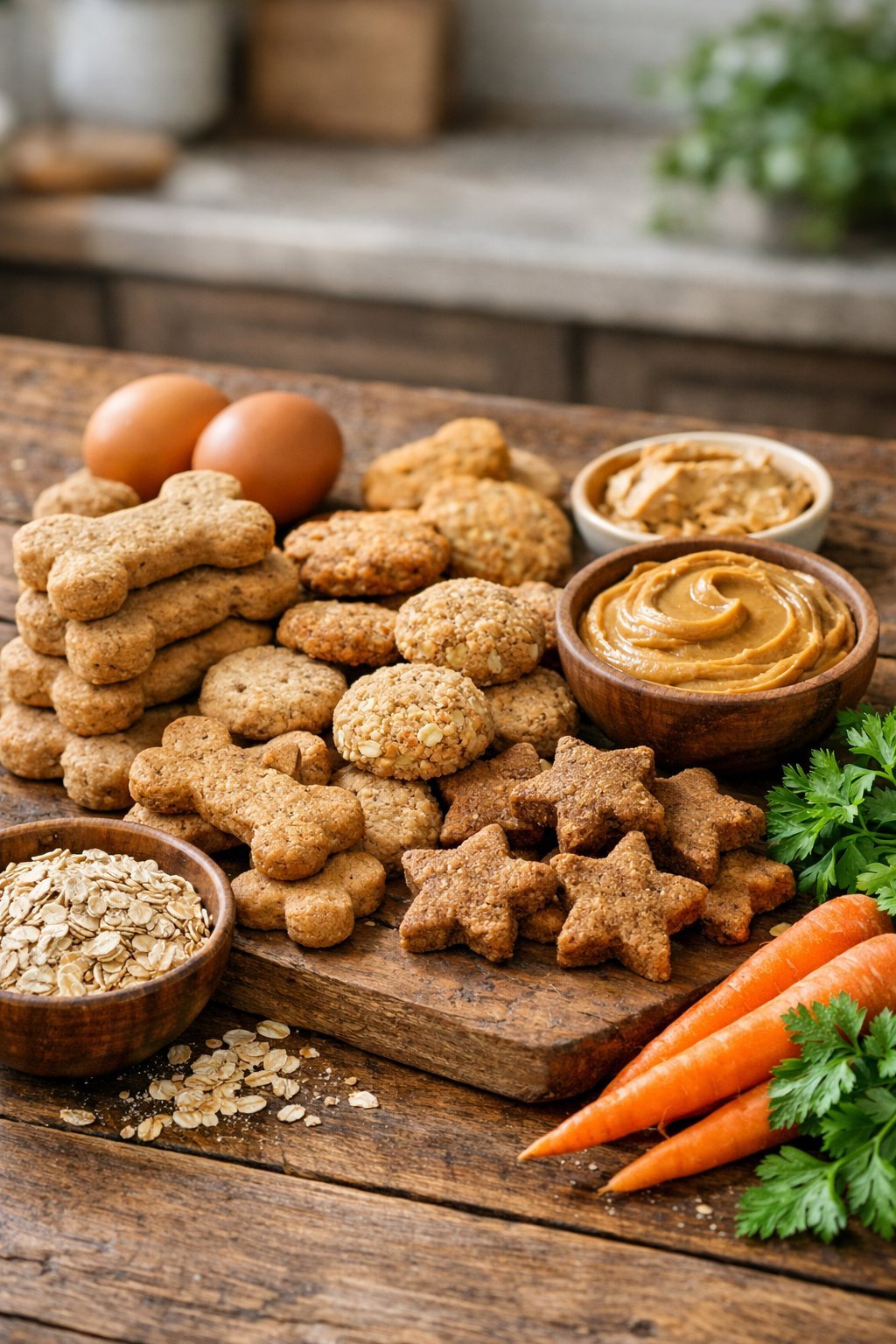 An assortment of homemade dog treats displayed on a wooden table with fresh ingredients like eggs, carrots, and peanut butter nearby.