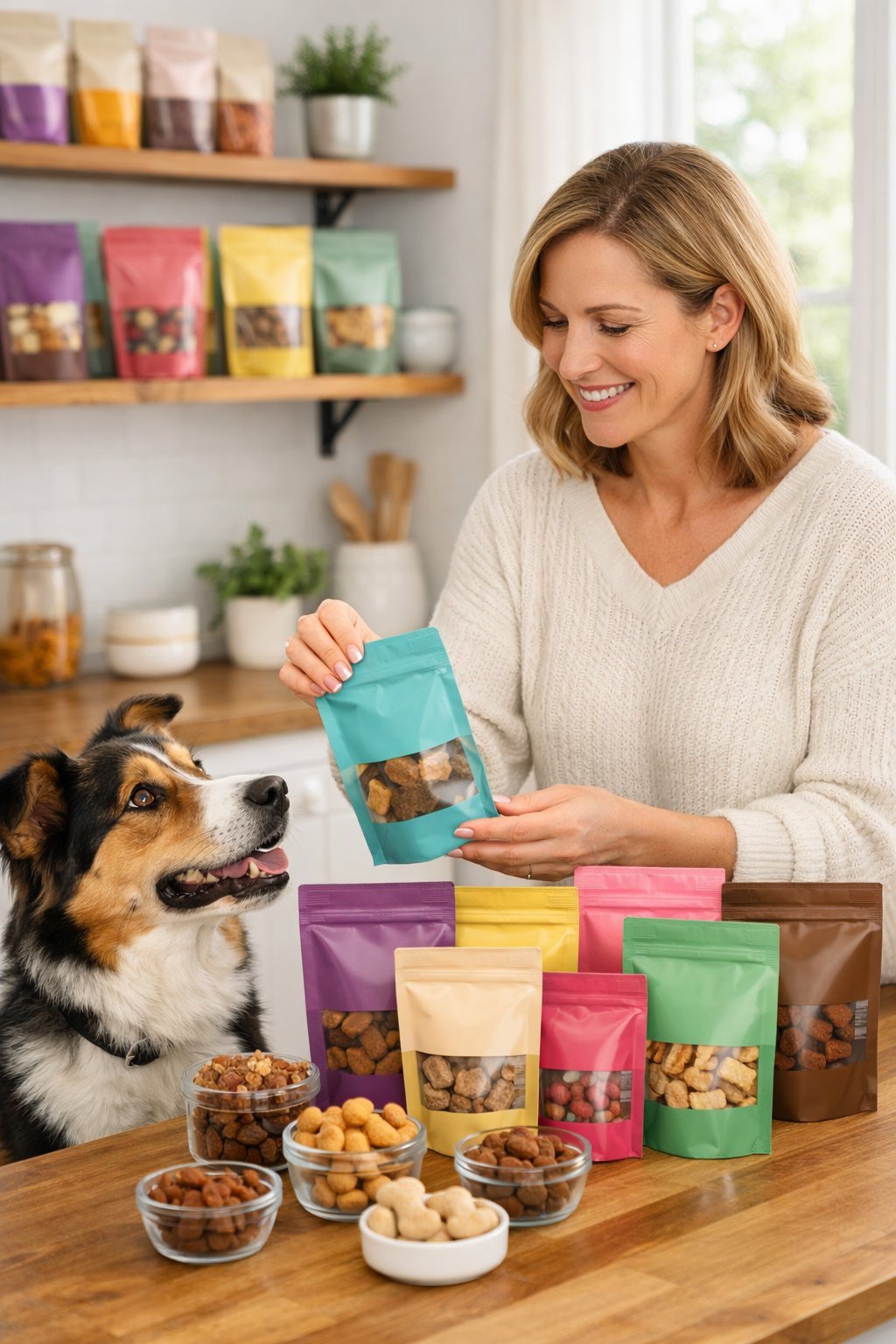 A woman in a kitchen choosing gourmet dog treats while her dog sits beside her watching attentively.