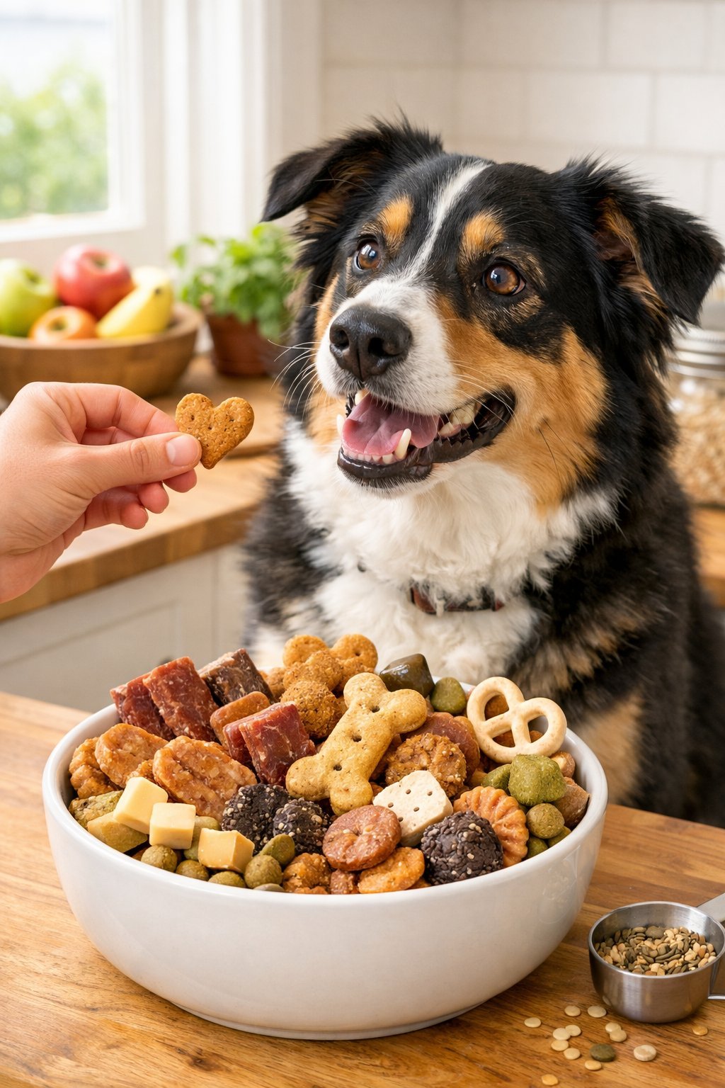 A happy dog sitting next to a bowl of gourmet dog treats with a person offering a treat in a bright kitchen.