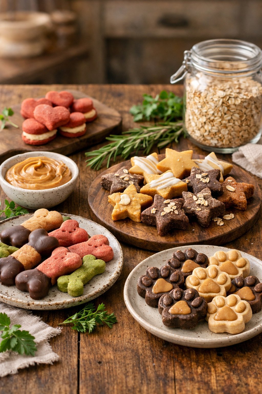 A wooden table with an assortment of gourmet dog treats displayed on plates and boards, surrounded by fresh herbs and natural ingredients in a cozy kitchen setting.