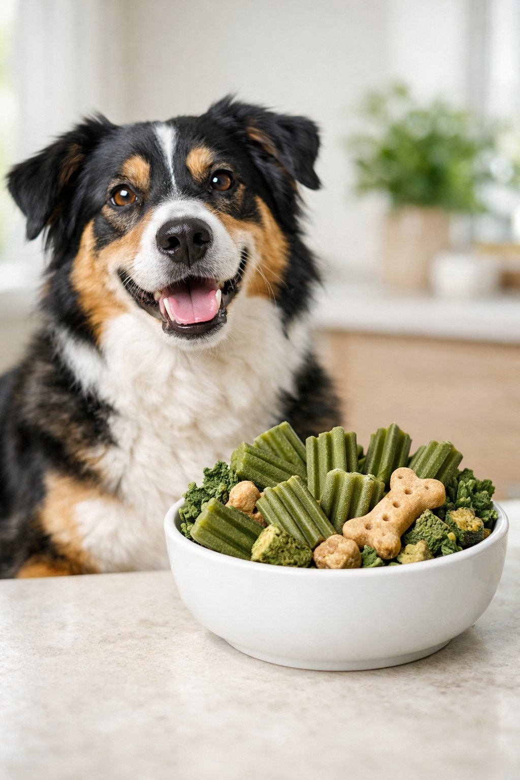 Dog Breath Treats: Safe Ingredients That Help Freshen Breath Naturally and Keep Your Pup Healthy A happy dog sitting next to a bowl of natural dog breath treats in a bright home setting.