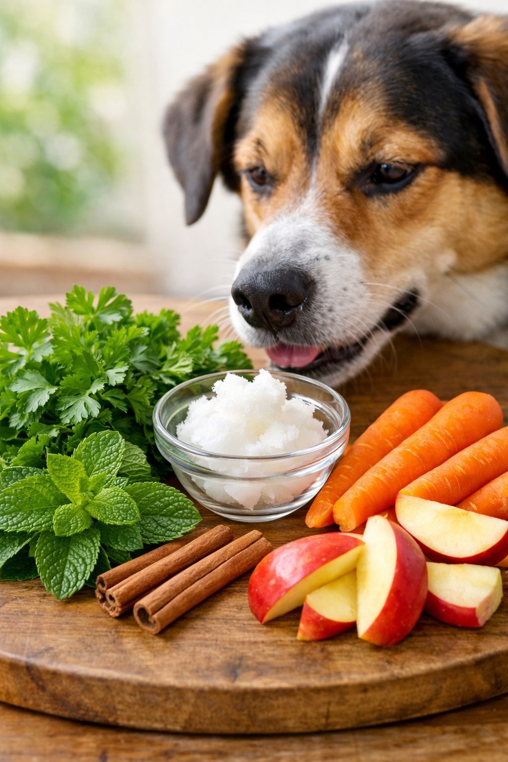Dog Breath Treats: Safe Ingredients That Help Freshen Breath Naturally and Keep Your Pup Healthy A happy dog sniffing fresh natural ingredients like parsley, mint, coconut oil, carrots, apple slices, and cinnamon sticks arranged on a wooden surface.