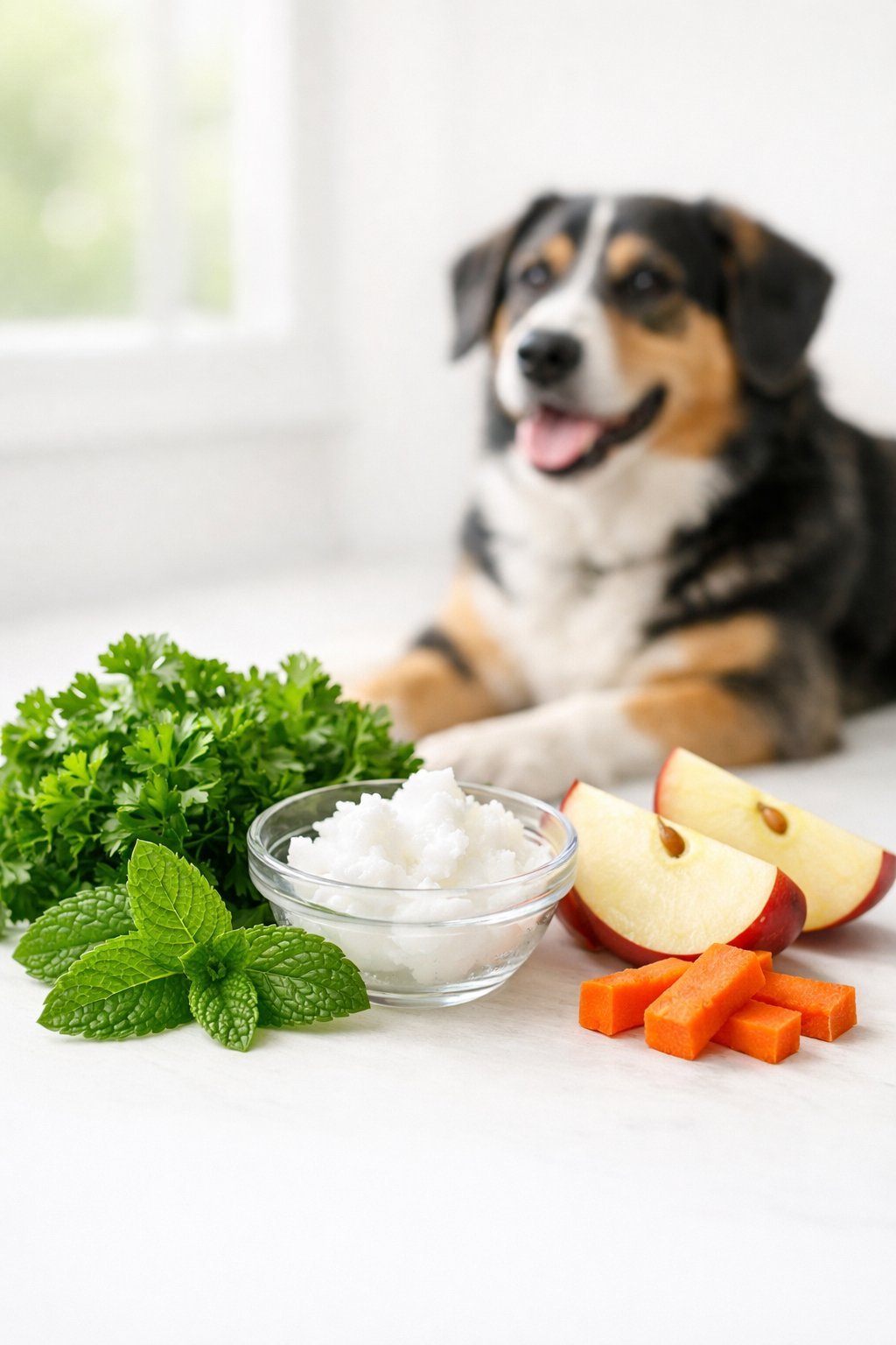Dog Breath Treats: Safe Ingredients That Help Freshen Breath Naturally and Keep Your Pup Healthy A variety of fresh natural ingredients for dog breath treats arranged on a white surface with a happy dog in the background.