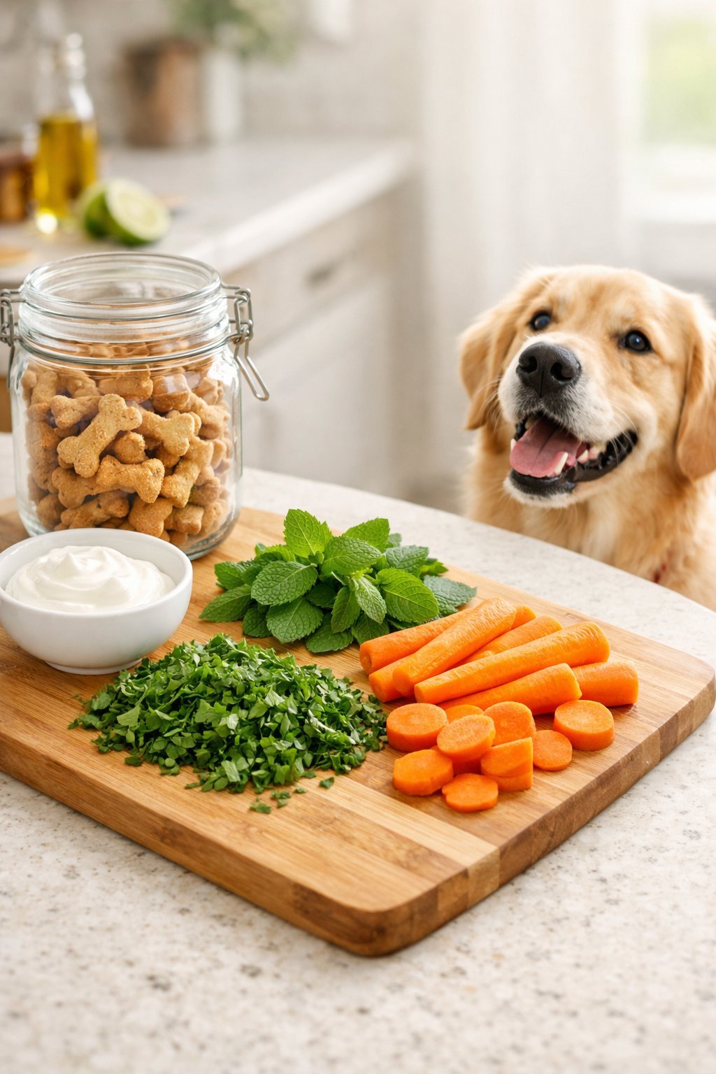 Dog Breath Treats: Safe Ingredients That Help Freshen Breath Naturally and Keep Your Pup Healthy A golden retriever sitting next to a kitchen counter with fresh herbs, carrots, yogurt, and homemade dog treats on a cutting board.
