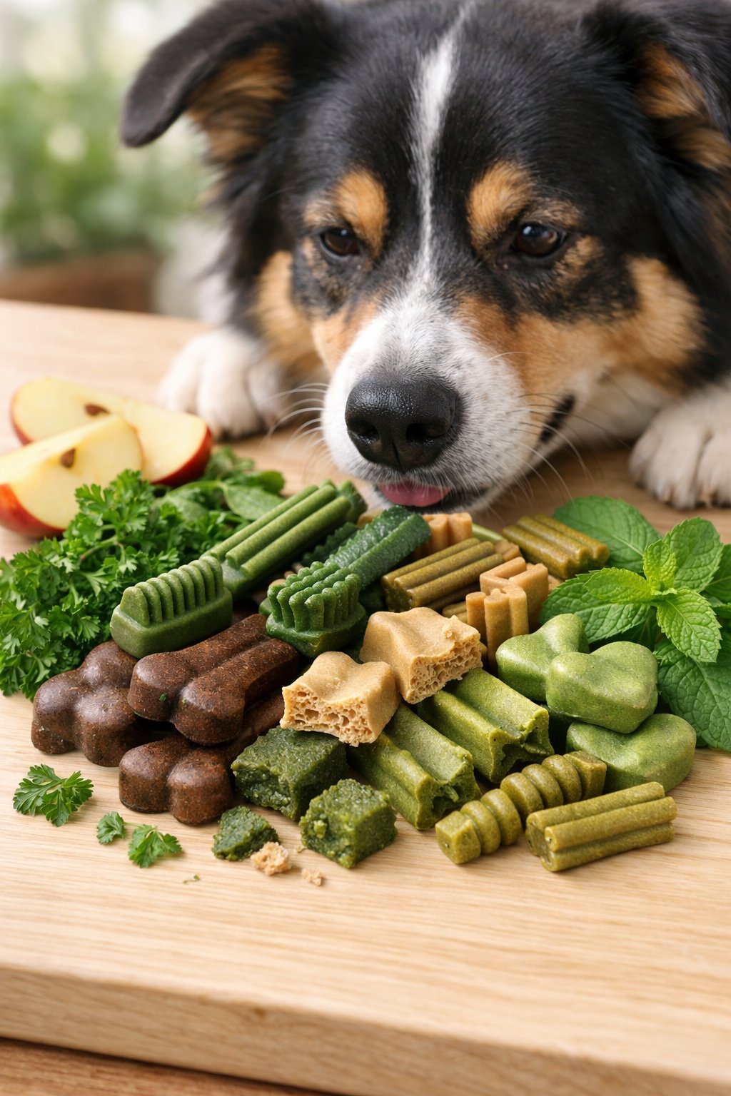 Dog Breath Treats: Safe Ingredients That Help Freshen Breath Naturally and Keep Your Pup Healthy A happy dog sniffing various dog breath treats displayed with fresh herbs and fruit on a wooden surface.