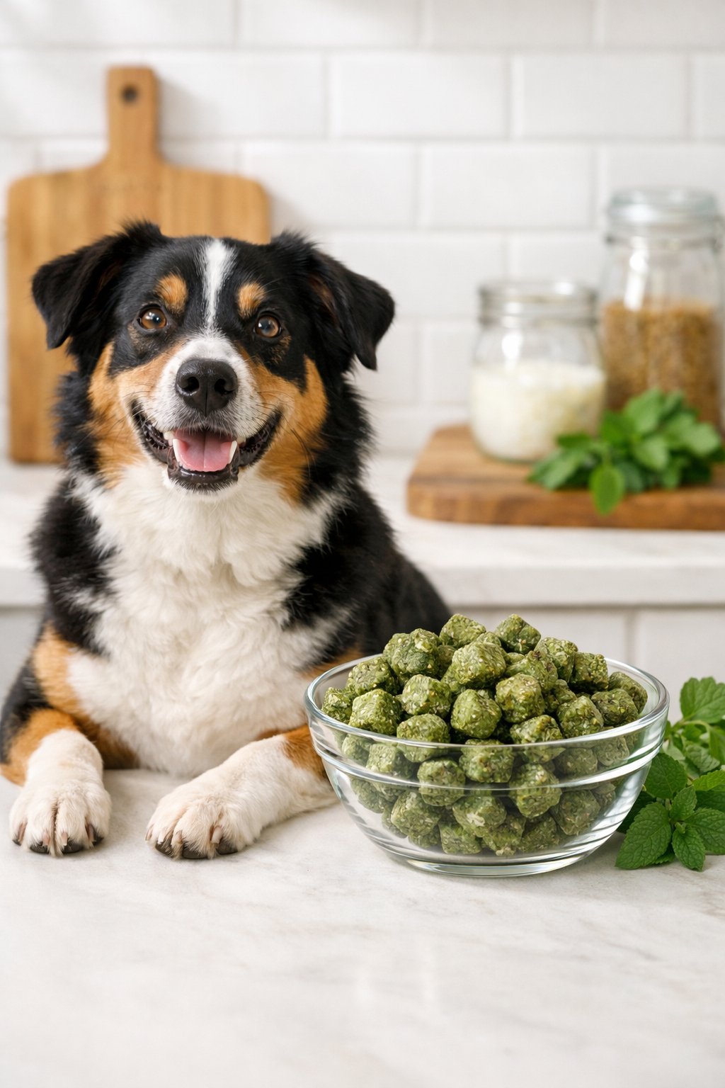 Dog Breath Treats: Safe Ingredients That Help Freshen Breath Naturally and Keep Your Pup Healthy A happy dog sitting next to a bowl of natural dog breath treats in a bright kitchen.