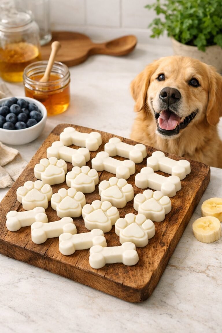 A golden retriever sitting next to a kitchen counter with homemade Greek yogurt dog treats on a wooden board surrounded by fresh ingredients.