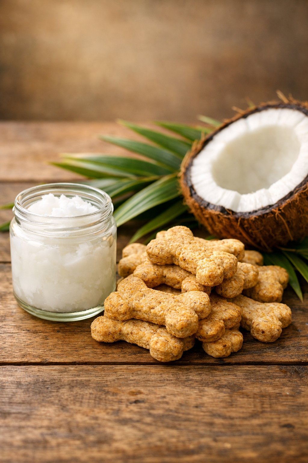 A jar of coconut oil next to homemade dog treats shaped like bones on a wooden table with coconut leaves and a halved coconut nearby.