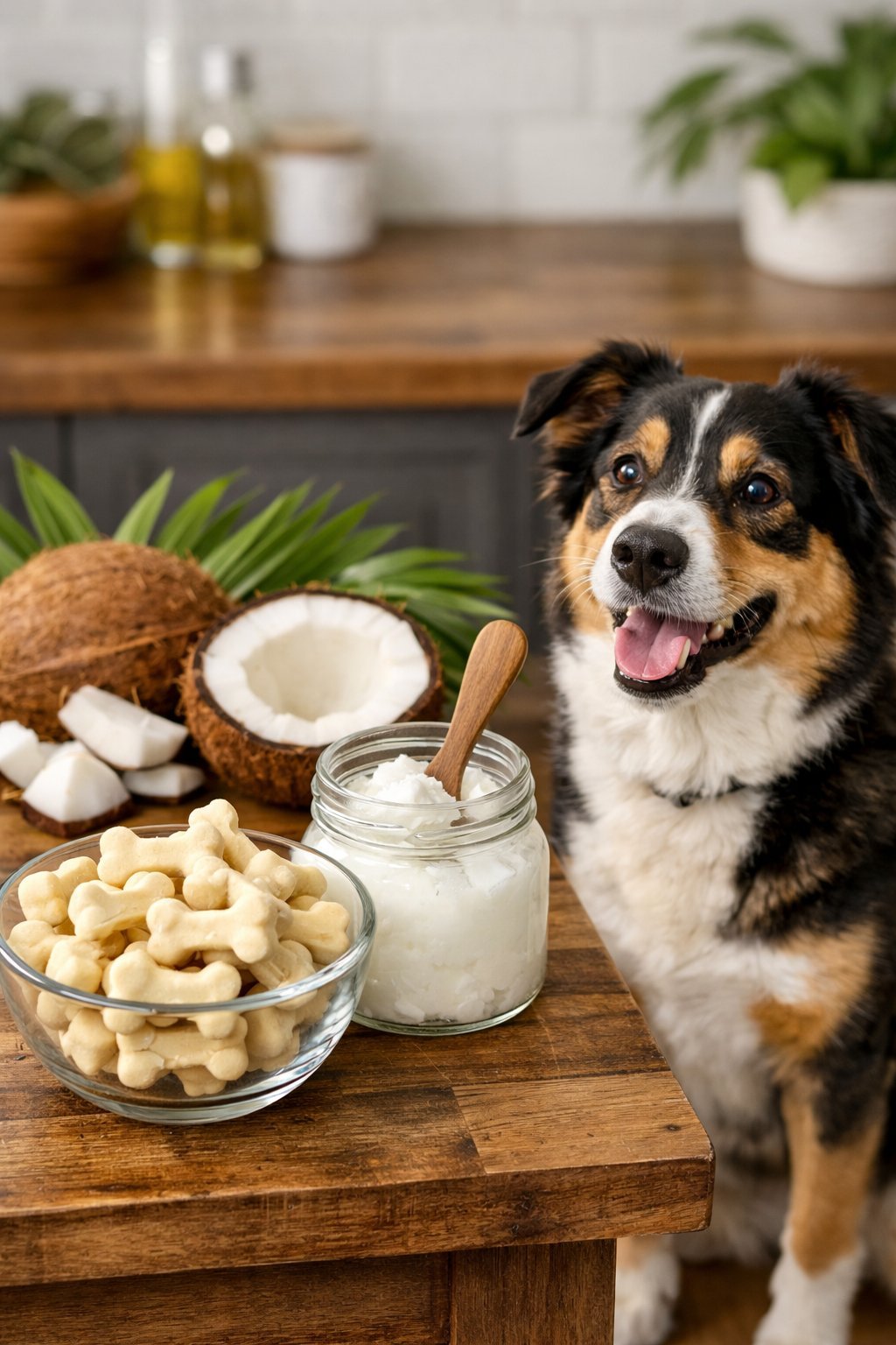 A dog sitting near a bowl of homemade coconut oil dog treats on a kitchen countertop with coconuts and coconut oil nearby.