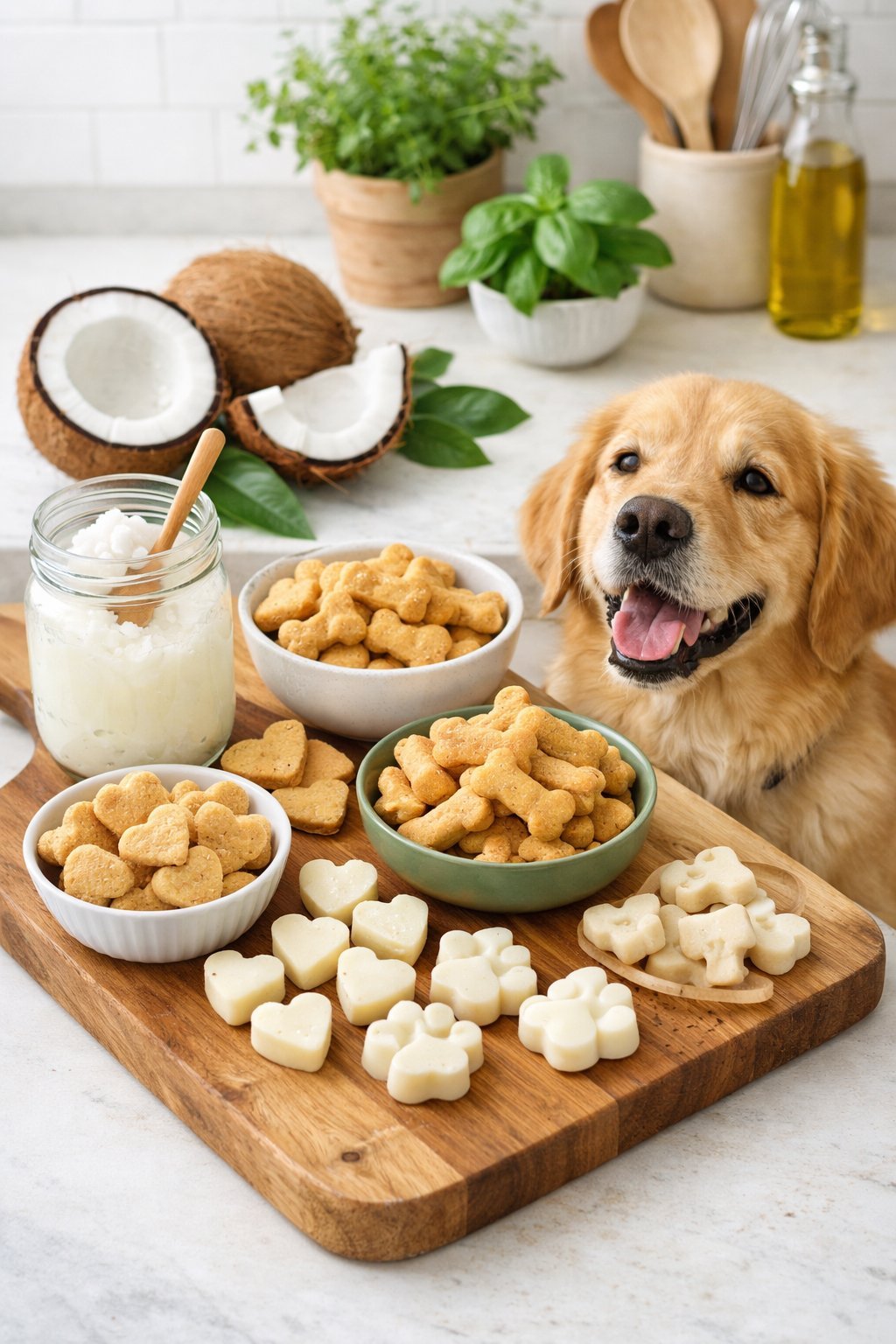 A dog sitting next to a wooden board with homemade dog treats and a jar of coconut oil in a bright kitchen.