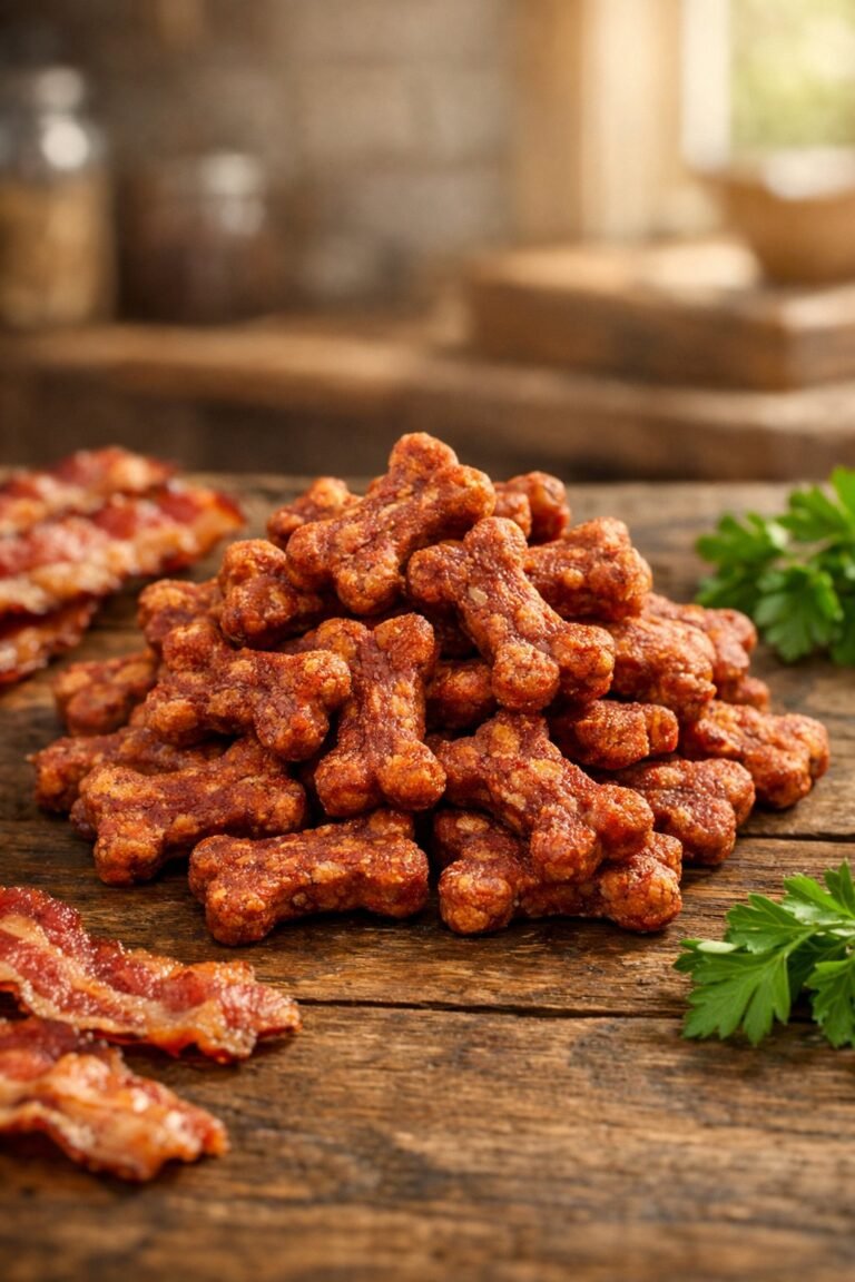 A pile of bacon-flavored dog treats shaped like bones on a wooden table with bacon strips and parsley in the background.