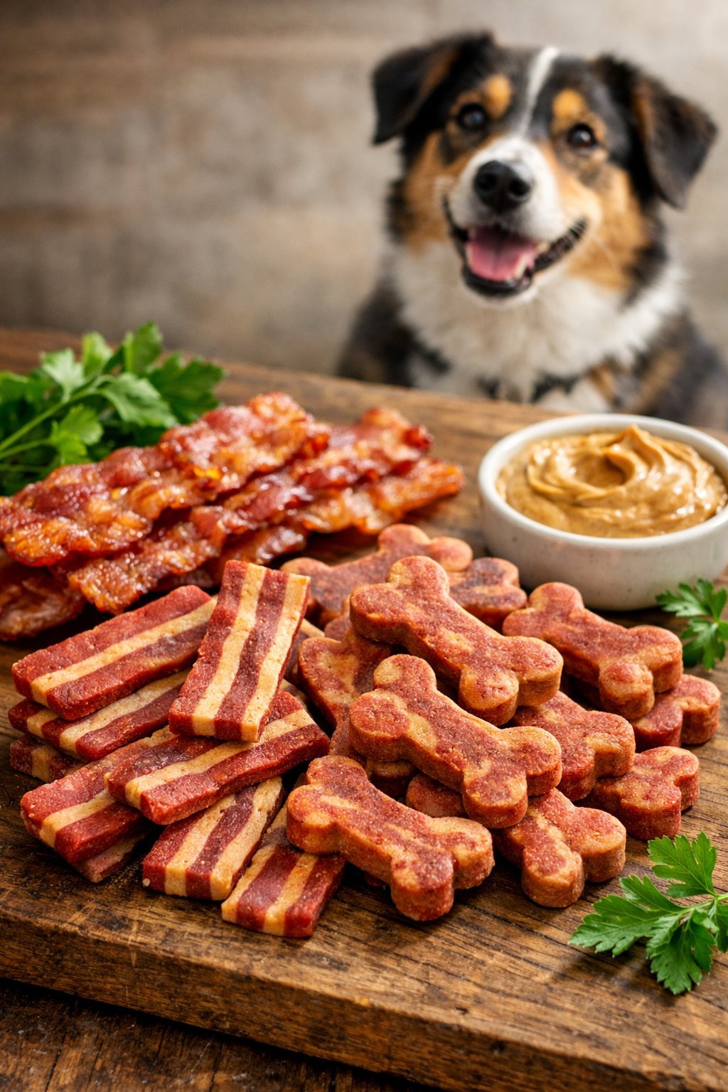 Bacon Dog Treats: Healthy Homemade Recipes Your Pup Will Love Close-up of bacon-flavored dog treats on a wooden surface with a happy dog looking at them in the background.