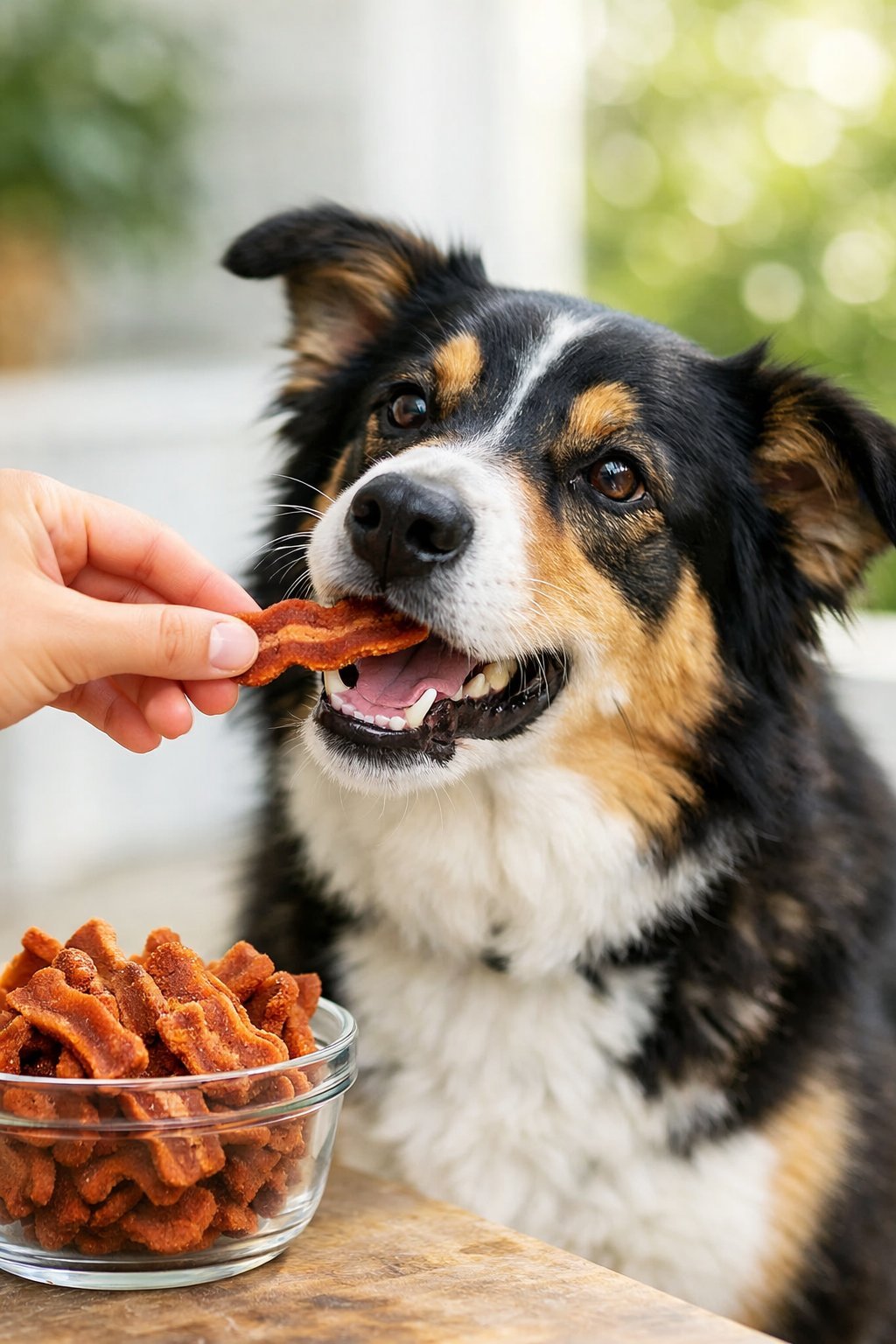 Bacon Dog Treats: Healthy Homemade Recipes Your Pup Will Love A dog happily receiving a bacon dog treat from a person's hand with a bowl of treats nearby.