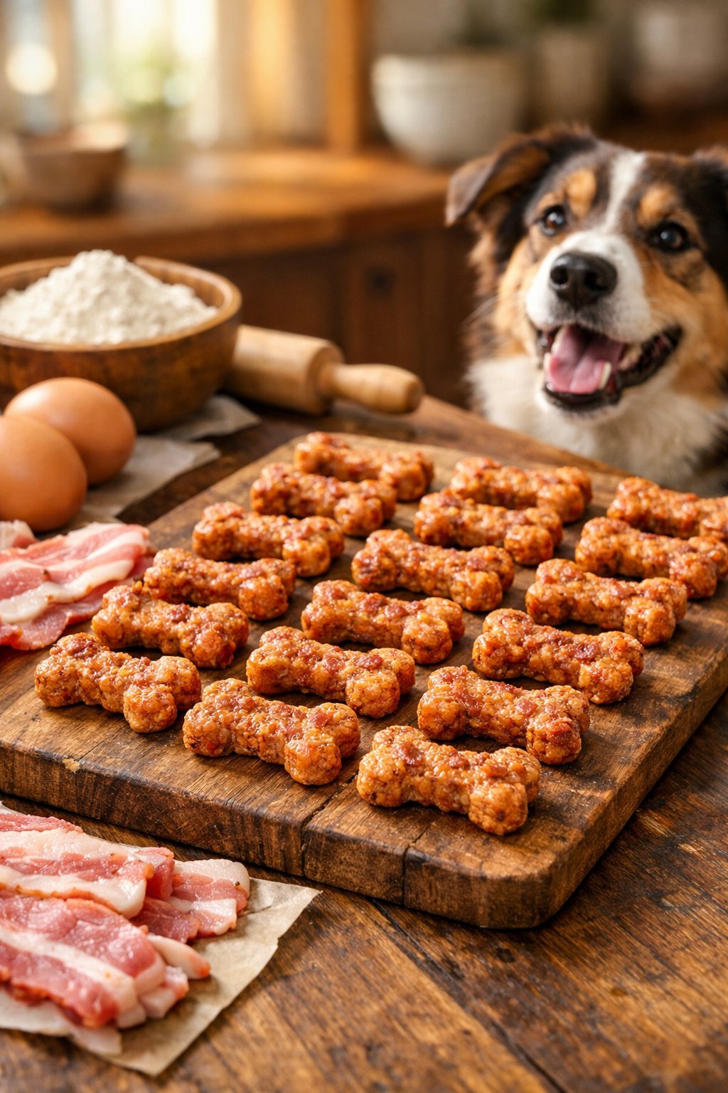 Bacon Dog Treats: Healthy Homemade Recipes Your Pup Will Love Homemade bacon dog treats on a wooden board with fresh ingredients and a dog looking at them in a kitchen.