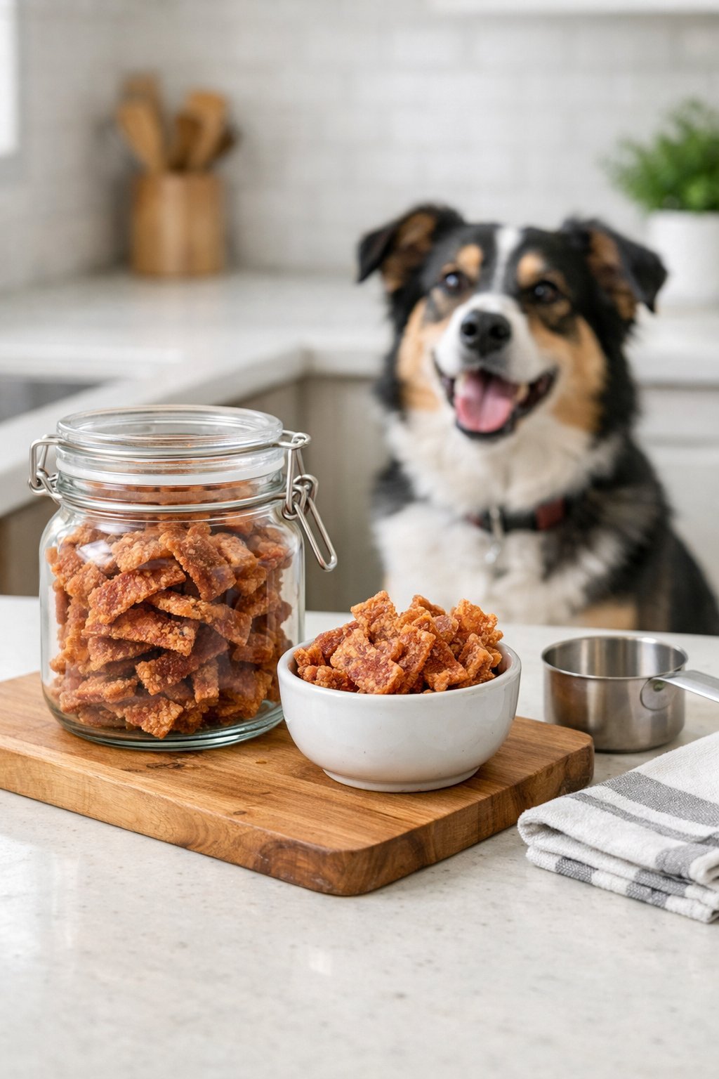 Bacon Dog Treats: Healthy Homemade Recipes Your Pup Will Love A kitchen countertop with a glass container of bacon dog treats and a dog sitting nearby.