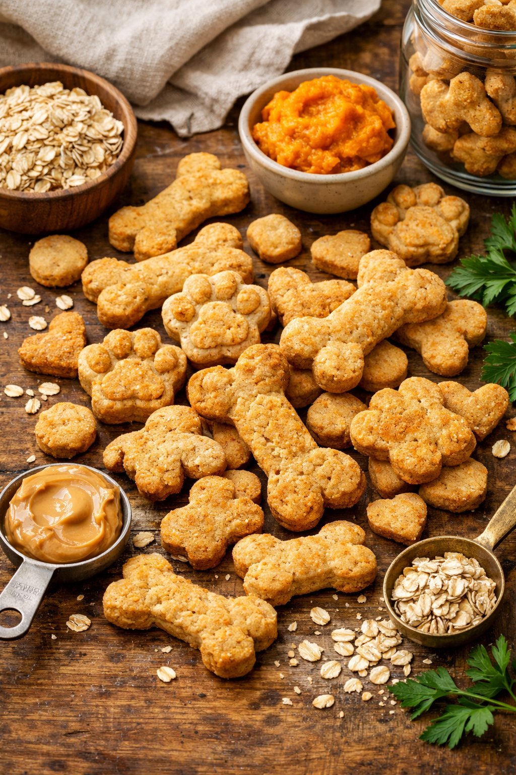 A wooden table with various homemade crunchy dog treats shaped like bones and paws, surrounded by natural ingredients in bowls.