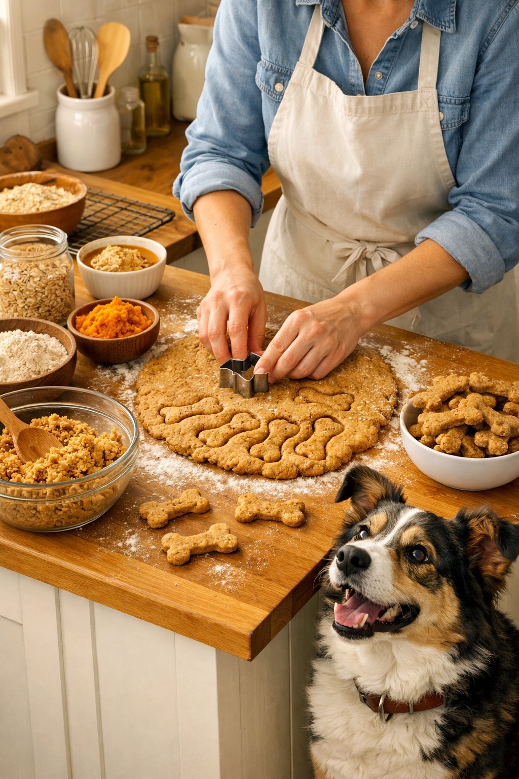 A person making homemade crunchy dog treats in a kitchen while a dog watches nearby.