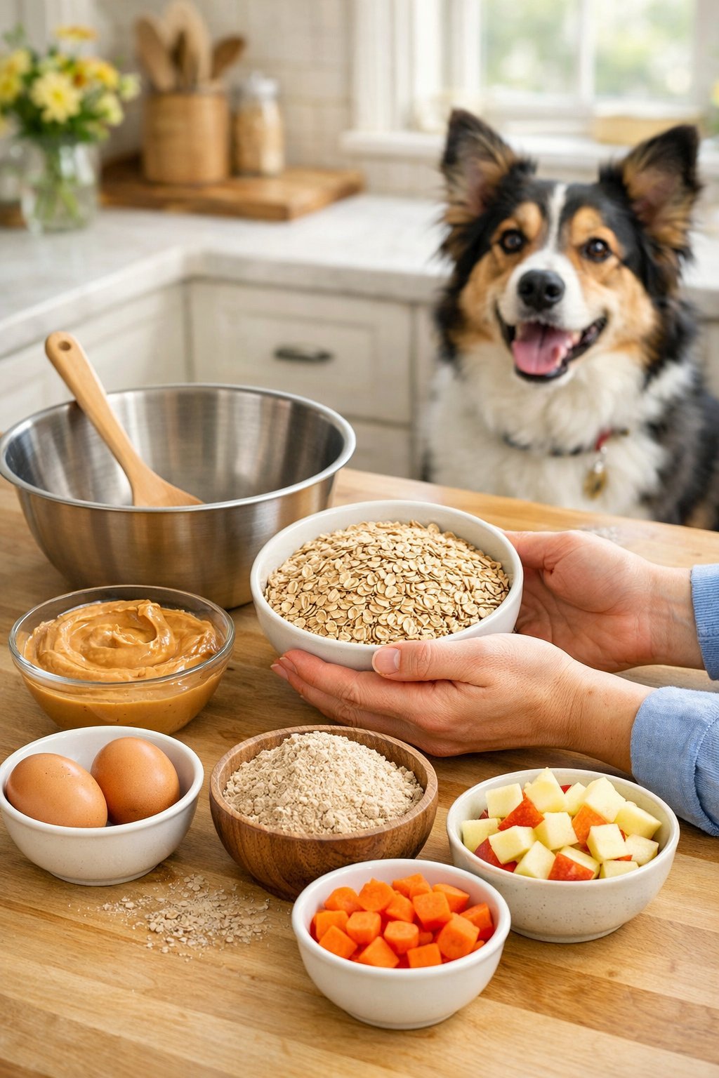 Person preparing natural ingredients on a kitchen counter for homemade crunchy dog treats while a dog watches nearby.