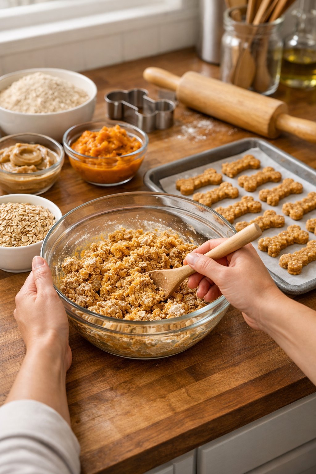 Hands mixing ingredients in a bowl on a wooden countertop with bowls of natural dog treat ingredients and a baking tray with shaped dog treats nearby.