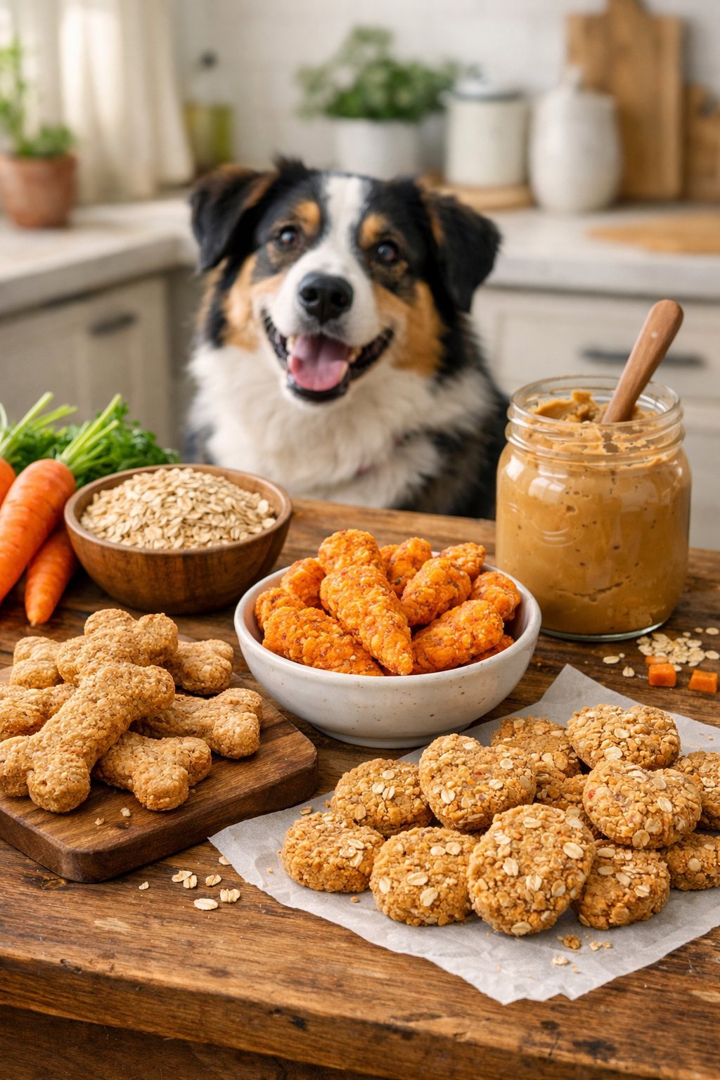 A variety of homemade crunchy dog treats on a wooden table with fresh ingredients and a dog looking at them.