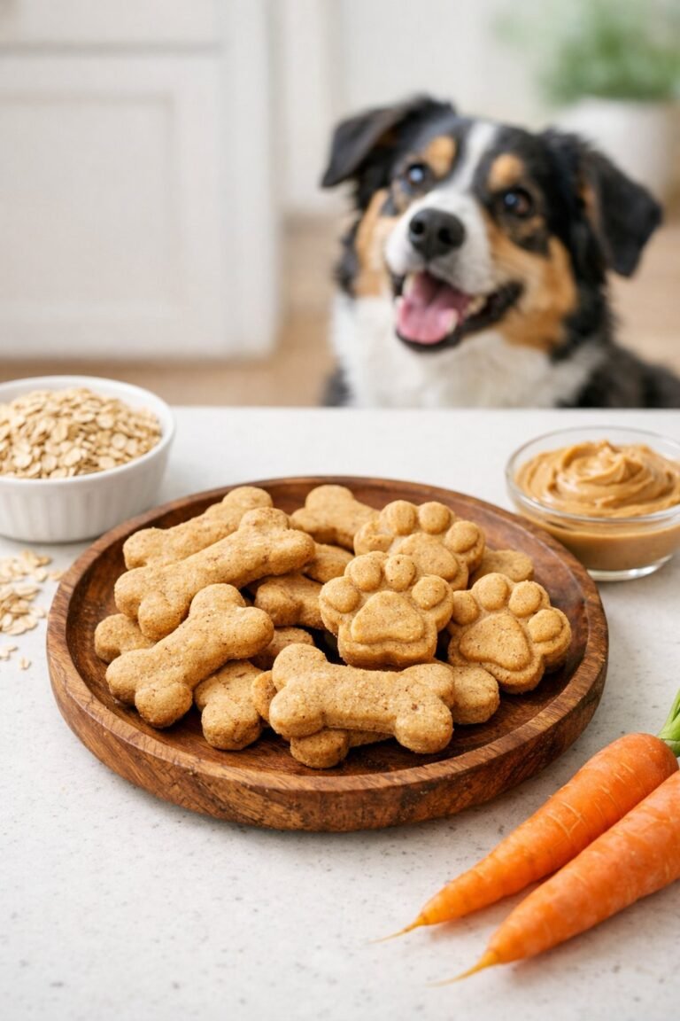 A plate of simple dog treats on a kitchen countertop with fresh ingredients nearby and a dog looking at them in the background.
