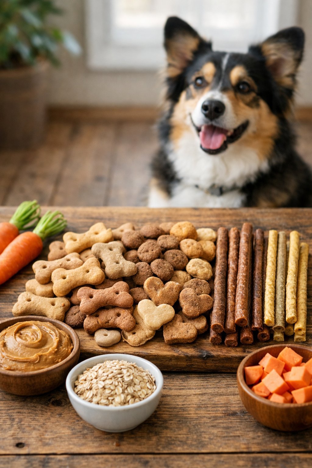 Simple Dog Treats Your Pup Will Love in Minutes A happy dog looking at an assortment of natural dog treats and fresh ingredients on a wooden surface.