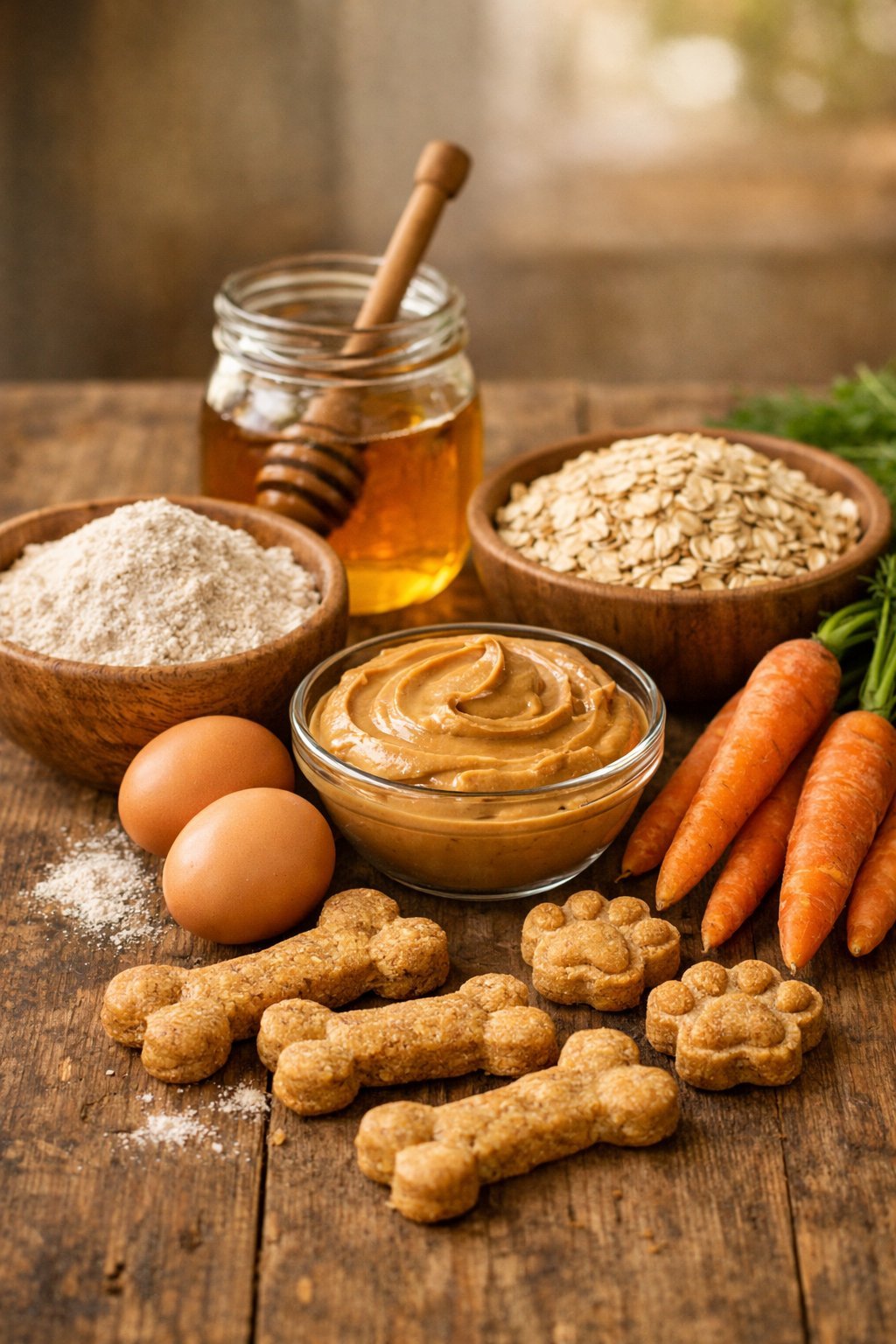 Simple Dog Treats Your Pup Will Love in Minutes A table displaying ingredients like flour, oats, peanut butter, eggs, honey, carrots, and homemade dog treats shaped like bones and paws.