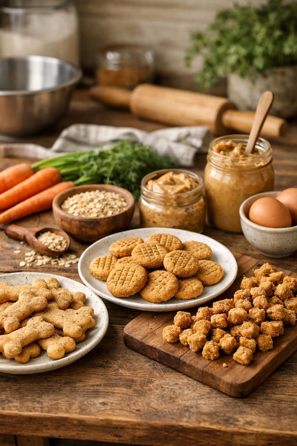 Simple Dog Treats Your Pup Will Love in Minutes A wooden table with various homemade dog treats and natural ingredients in a kitchen setting.