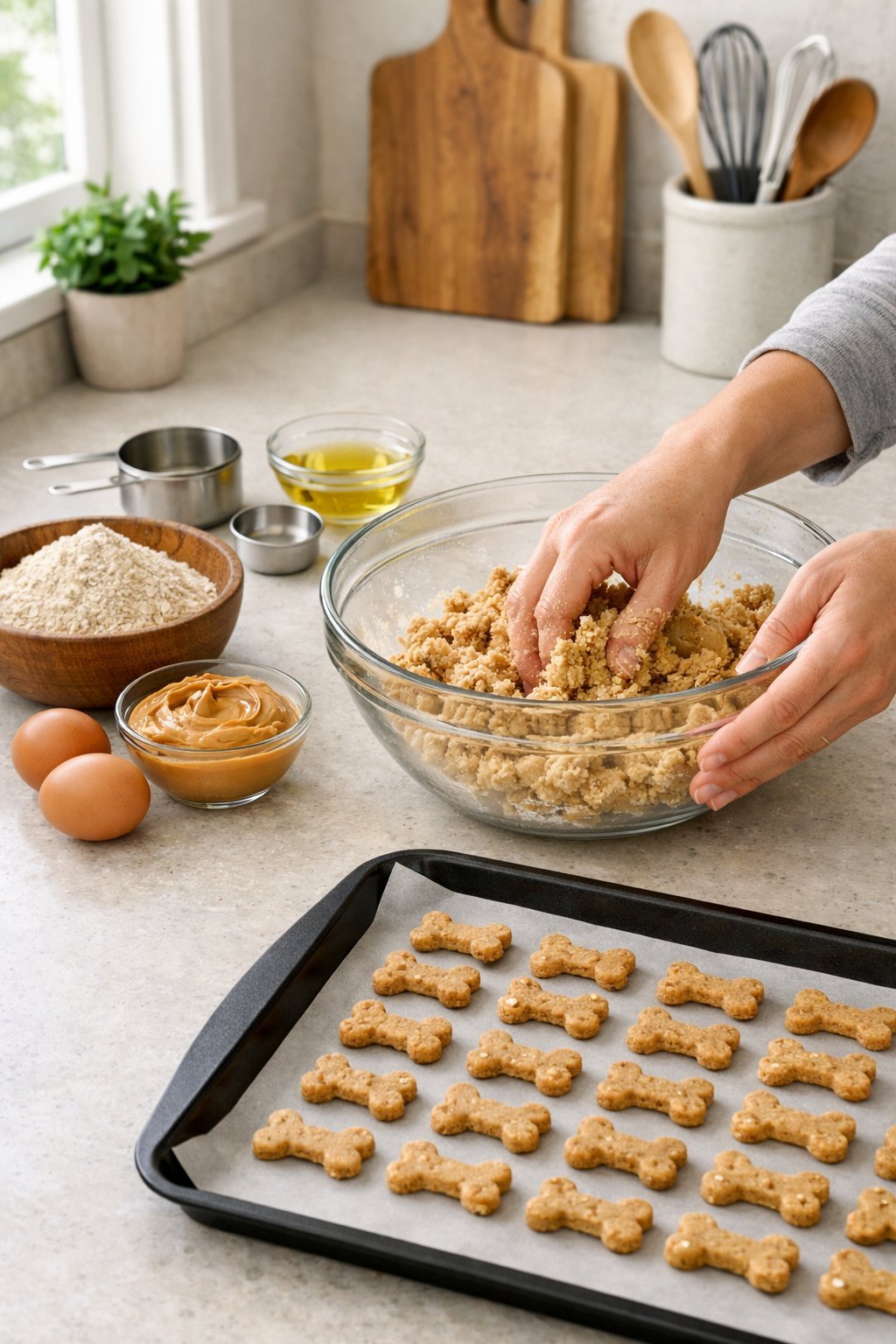 Simple Dog Treats Your Pup Will Love in Minutes Hands mixing dough on a kitchen counter surrounded by ingredients and a baking tray with shaped dog treats.