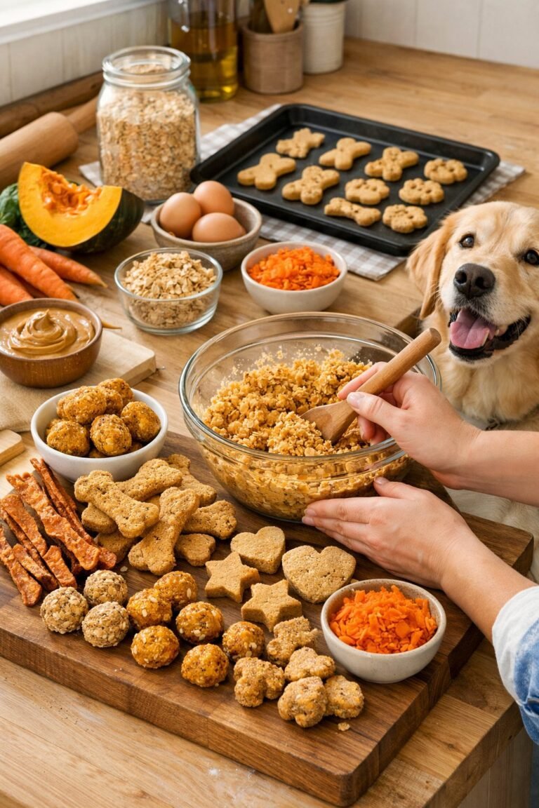 A person preparing natural dog treats in a kitchen with fresh ingredients and a dog watching nearby.