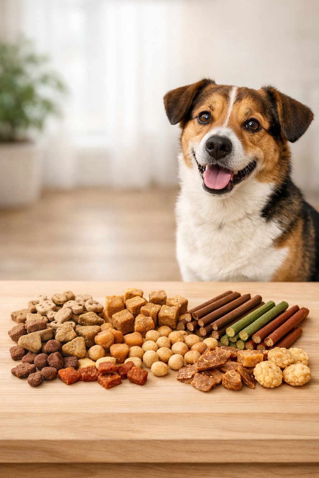 A healthy dog sitting next to a variety of low fat dog treats arranged on a wooden surface.