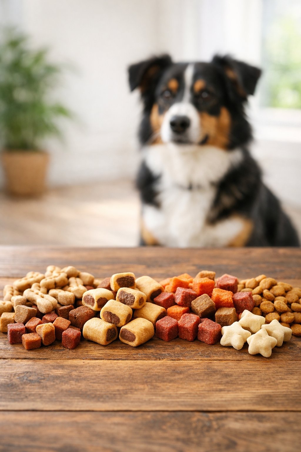 A variety of dog training treats on a wooden surface with an attentive dog sitting in the background.