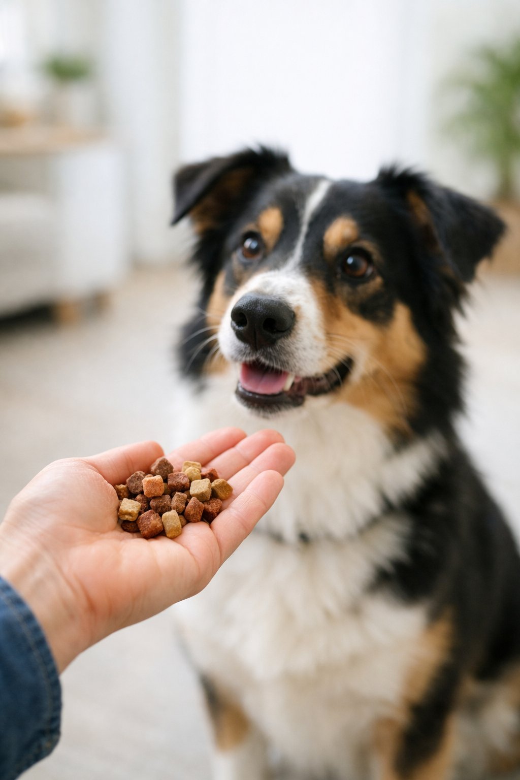 A person holding dog training treats with a dog sitting attentively in front of them indoors.