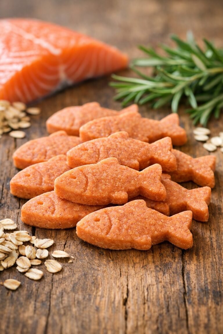 Close-up of salmon-shaped dog treats arranged on a wooden surface with fresh salmon fillets and herbs nearby.