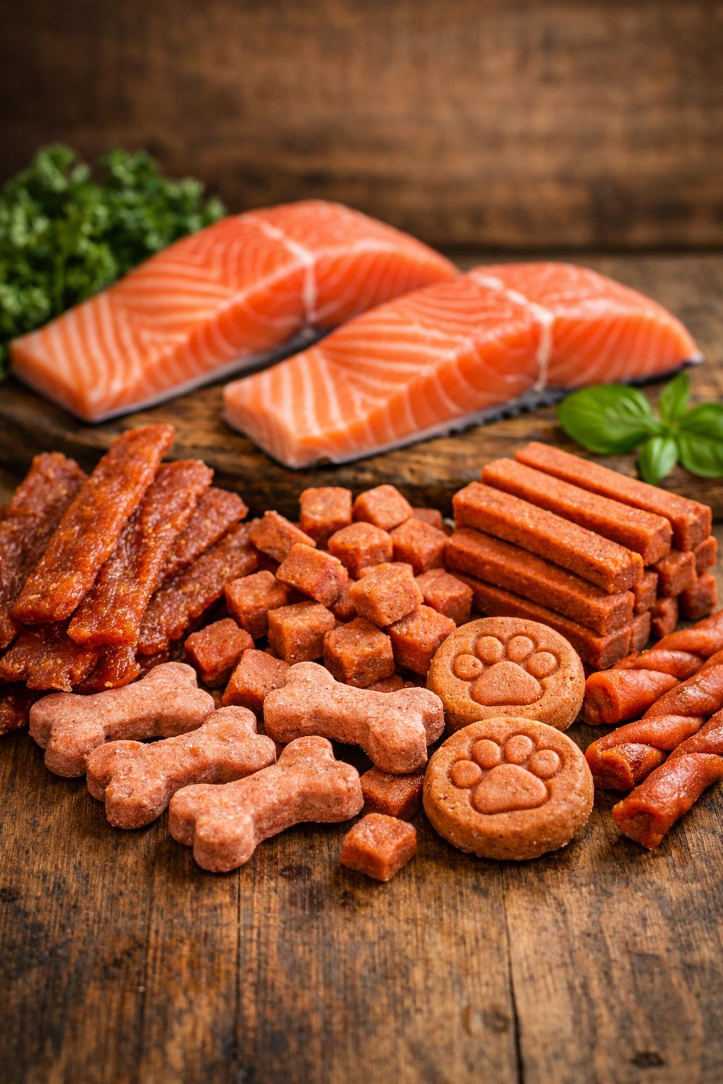 Various salmon dog treats arranged on a wooden surface with fresh salmon and herbs around them.