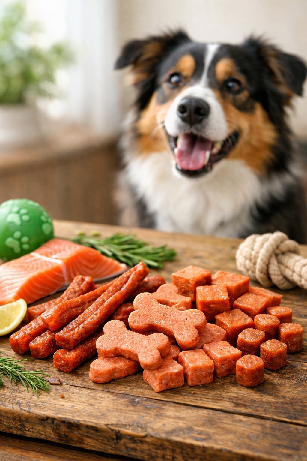 Close-up of salmon dog treats on a wooden surface with fresh salmon and a happy dog looking at them.