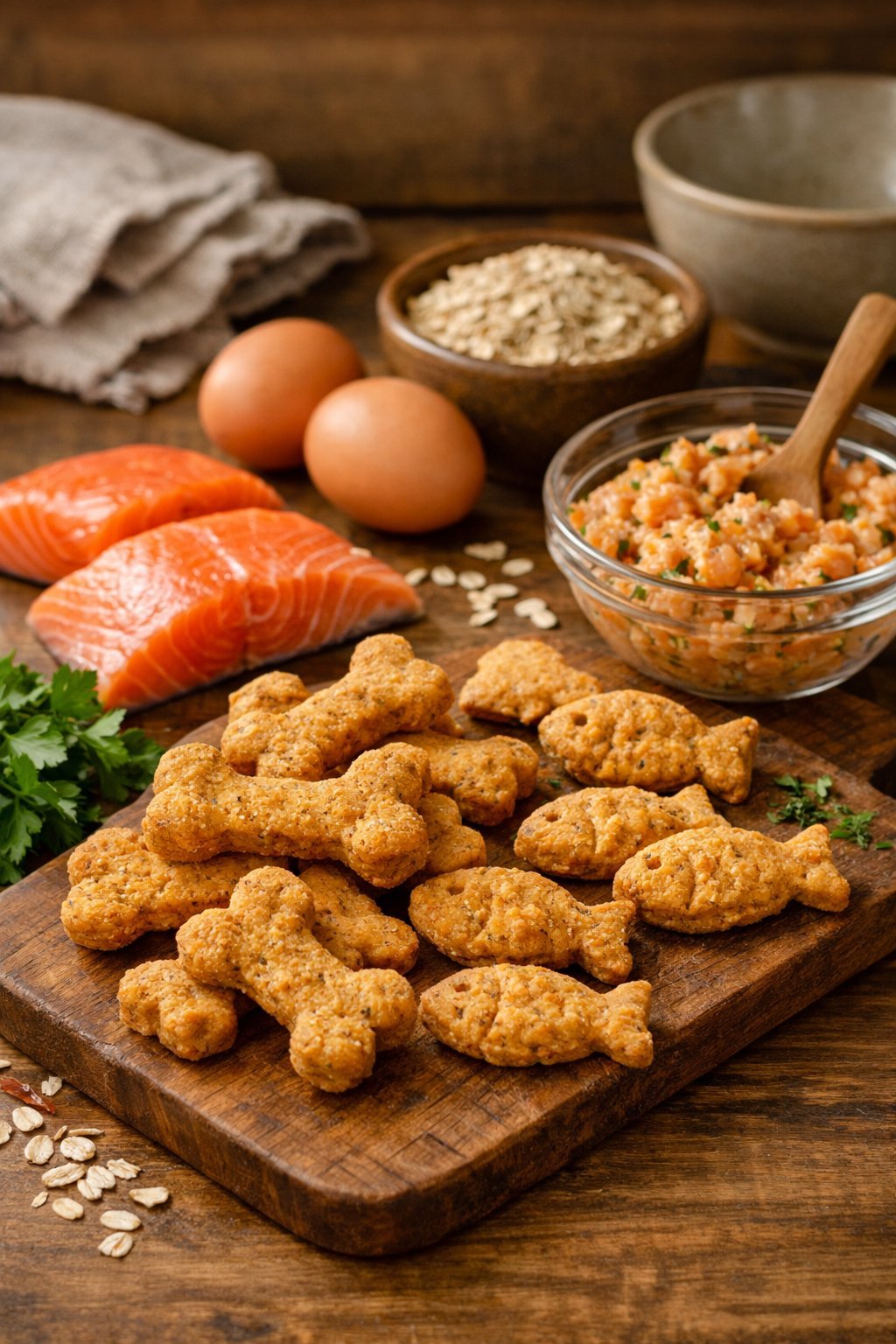 A wooden cutting board with homemade salmon dog treats shaped like bones and fish, surrounded by fresh salmon, eggs, oats, and parsley on a kitchen countertop.