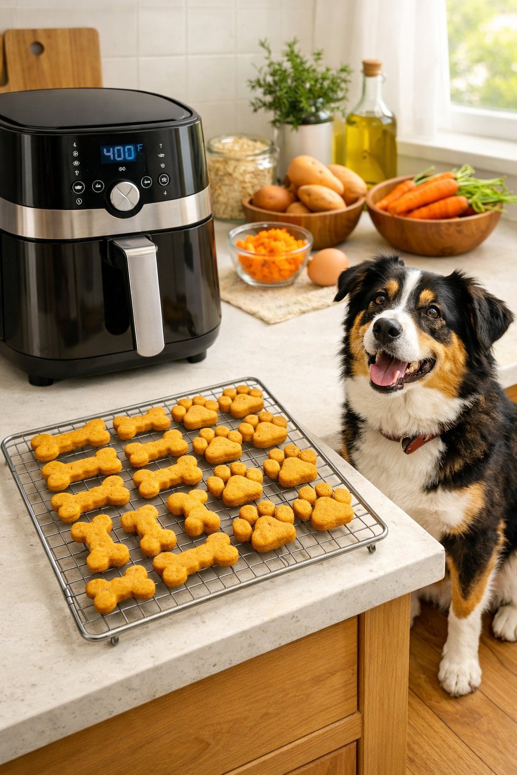 A dog sitting near a kitchen counter with an air fryer and a tray of freshly made dog treats.