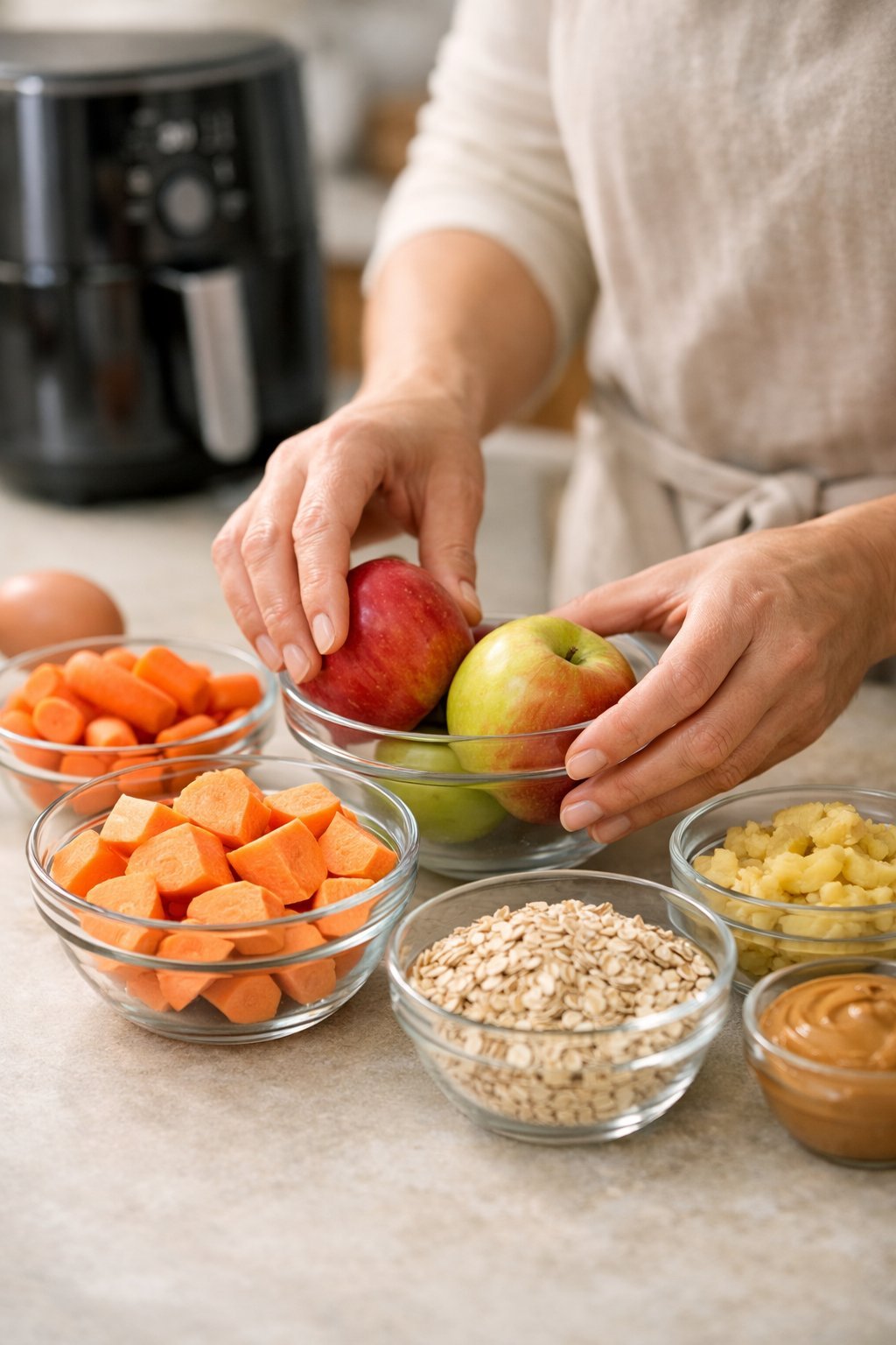 Hands selecting fresh ingredients like sweet potatoes, carrots, and oats on a kitchen counter with an air fryer in the background.