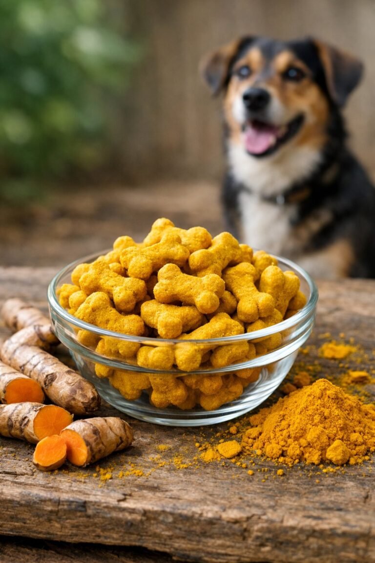 A bowl of golden turmeric dog treats with turmeric roots and powder nearby, and a healthy dog sitting in the background.