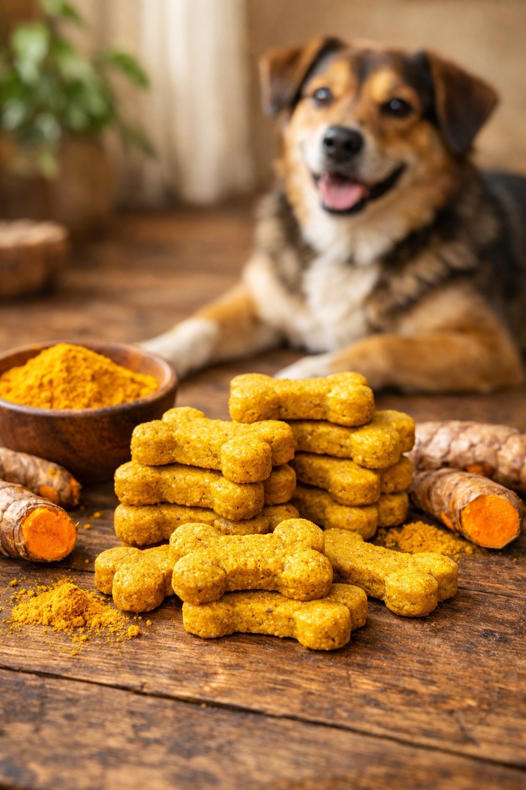 Close-up of golden turmeric dog treats on a wooden surface with turmeric roots and powder nearby, and a happy dog sitting in the background.